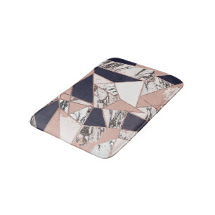 Geometric Navy Blue Peach Marble and Rose Gold Bath Mat