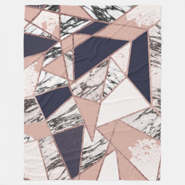 Geometric Navy Blue Peach Marble and Rose Gold Fleece Blanket (Front)