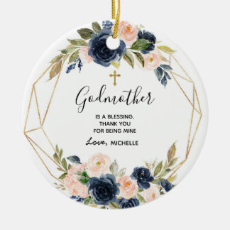 Geometric Navy Blush Floral Godmother keepsake Ceramic Ornament