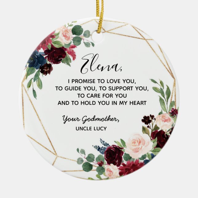Geometric Navy Burgundy Floral Godfather Promise Ceramic Ornament (Front)