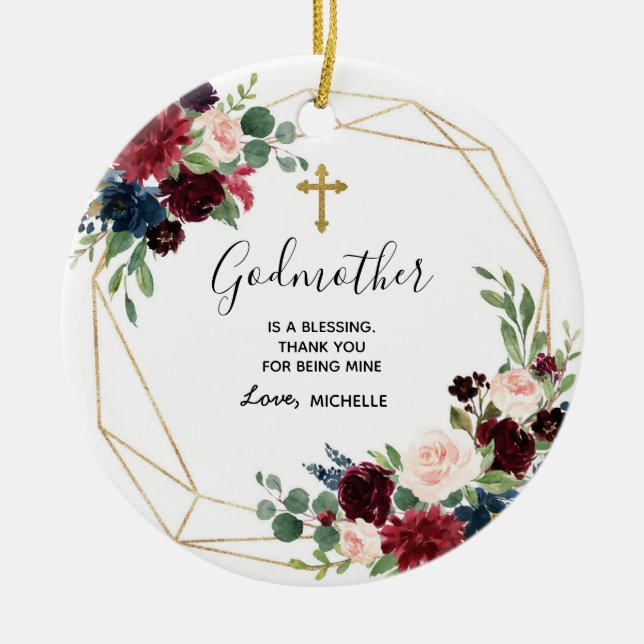 Geometric Navy Burgundy Floral Godmother keepsake Ceramic Ornament (Front)