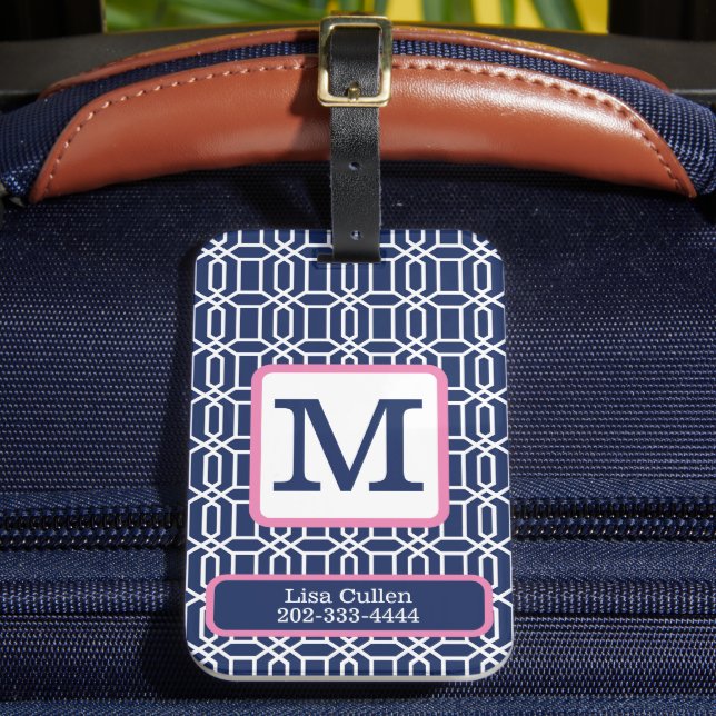 Geometric Navy Octagon Monogram Custom Preppy Luggage Tag (Front Insitu 2)