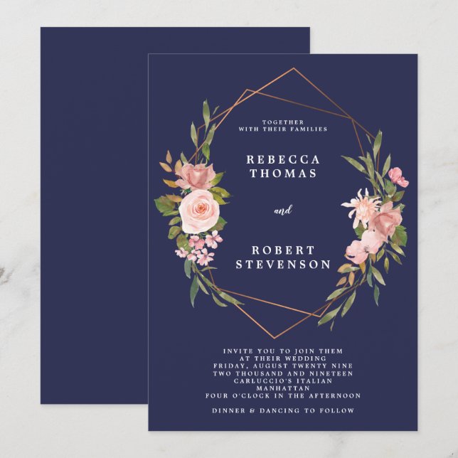 geometric navy wedding invitation pink florals (Front/Back)