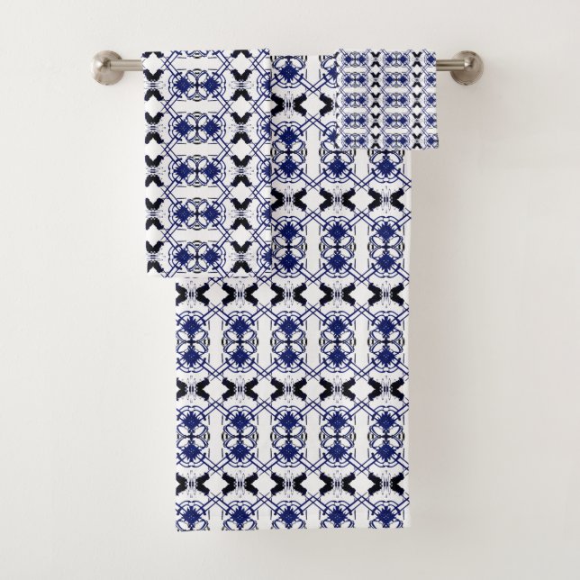 Geometric Navy White Black Bath Towels (Insitu)
