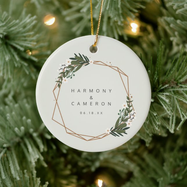 Geometric Newlywed Photo Our First Christmas Ceramic Ornament (Tree)