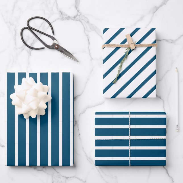 Geometric Ocean Blue and White Stripes Wrapping Paper Sheet (Front)