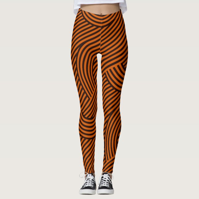Geometric Orange Black Minimal Pattern Leggings (Front)