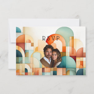 Geometric Orange Blue Peach Turquoise Wedding RSVP Card