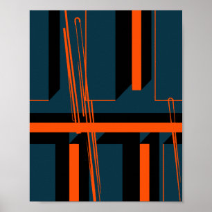 Geometric Orange Stripes Across Dark Shapes Poster