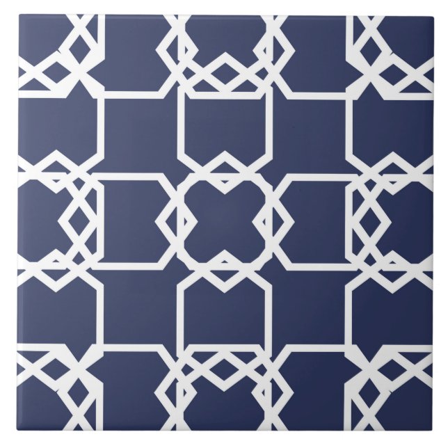 Geometric, ornamental, modern, navy blue, white tile (Front)