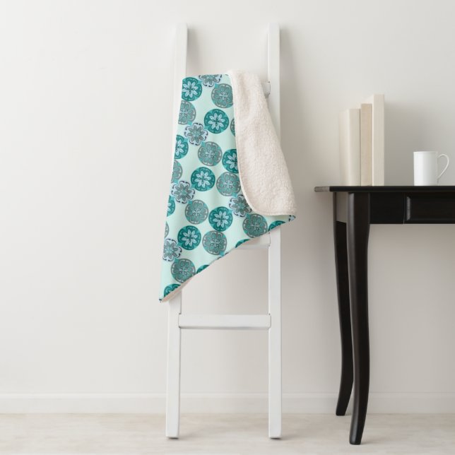 Geometric Ornate Floral Pattern Blue and Teal Sherpa Blanket (In Situ)