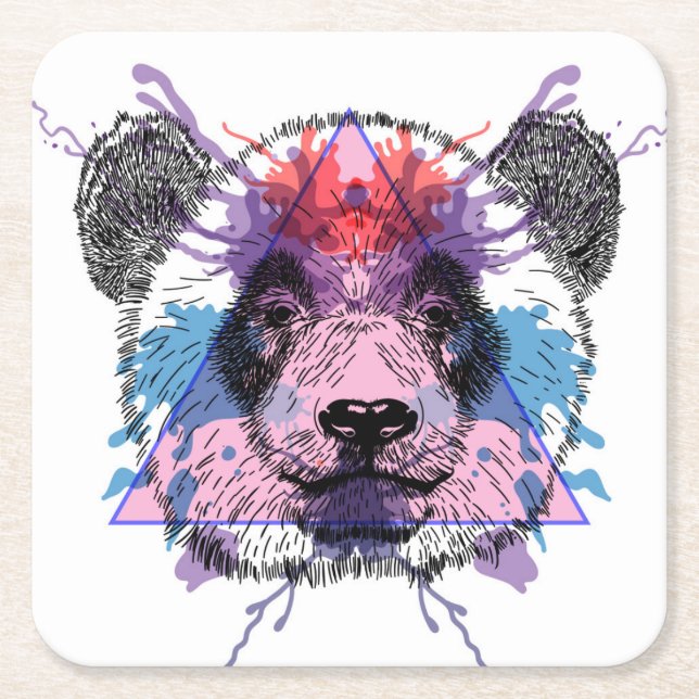 Geometric Panda Bear Square Paper Coaster (Front)