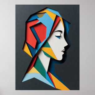 Geometric Paper-Cut Woman Profile Poster