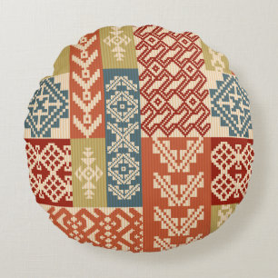 Geometric Patchwork Ethnic Seamless Pattern Round Pillow