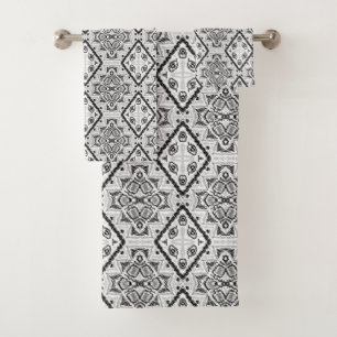 Geometric ,pattern , black and white bath towel set