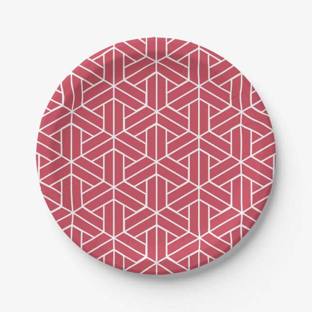 Geometric pattern featuring red hexagons  paper plate (Front)