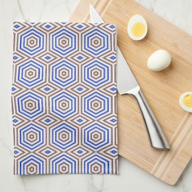 Geometric pattern figures retro brown blue kitchen towel (Quarter Fold)