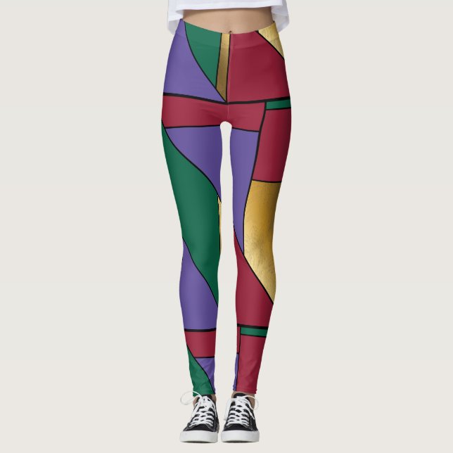 Geometric Pattern Gold Purple Green Red Leggings (Front)