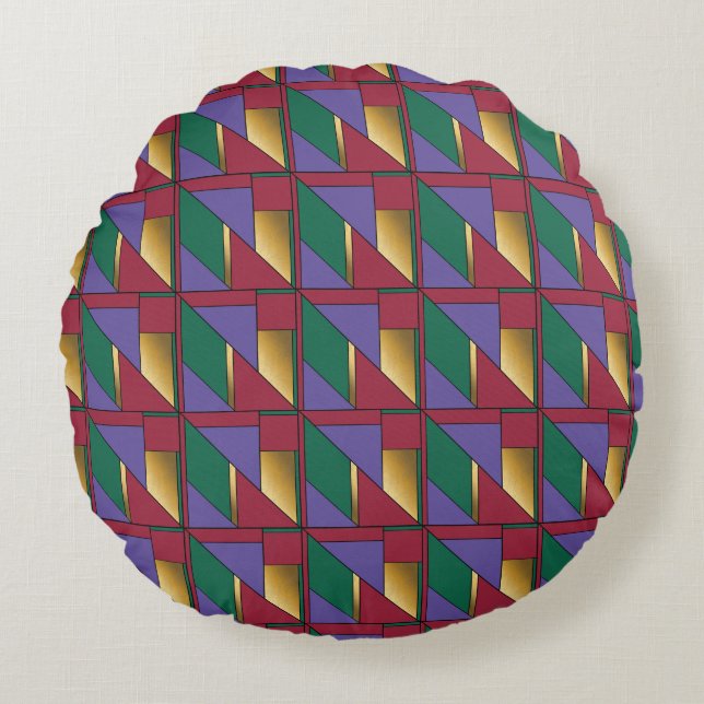 Geometric Pattern Gold Purple Green Red Round Pillow (Front)