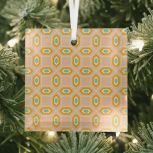 Geometric pattern in blue and orange diamond shape glass ornament