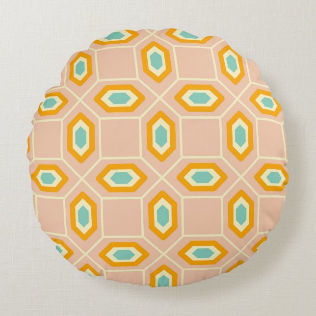 Geometric pattern in blue and orange diamond shape round pillow (Front)