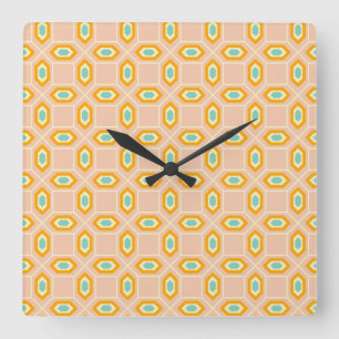 Geometric pattern in blue and orange diamond shape square wall clock