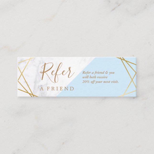 Geometric Pattern Marble Gold Light Blue Referral Mini Business Card (Front)