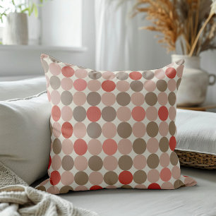 Geometric pattern of red, brown, pink polka dots throw pillow