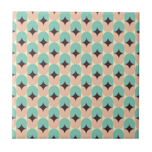 Geometric pattern of teal, beige, and black shapes tile