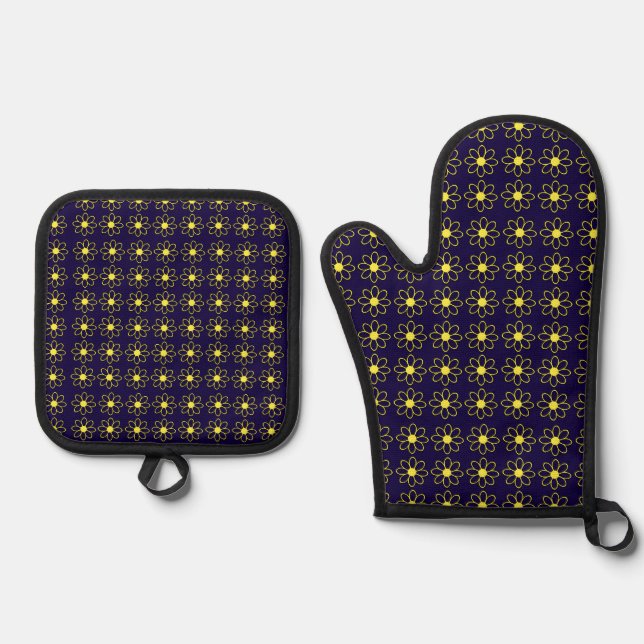 Geometric Pattern of Yellow Daisy Flowers Oven Mitt & Pot Holder Set (Front)
