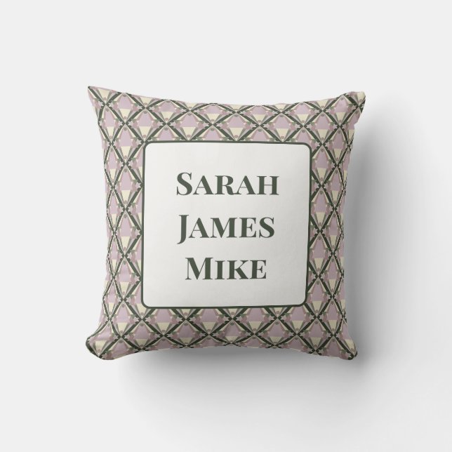 Geometric Pattern on Green with Names Throw Pillow (Front)
