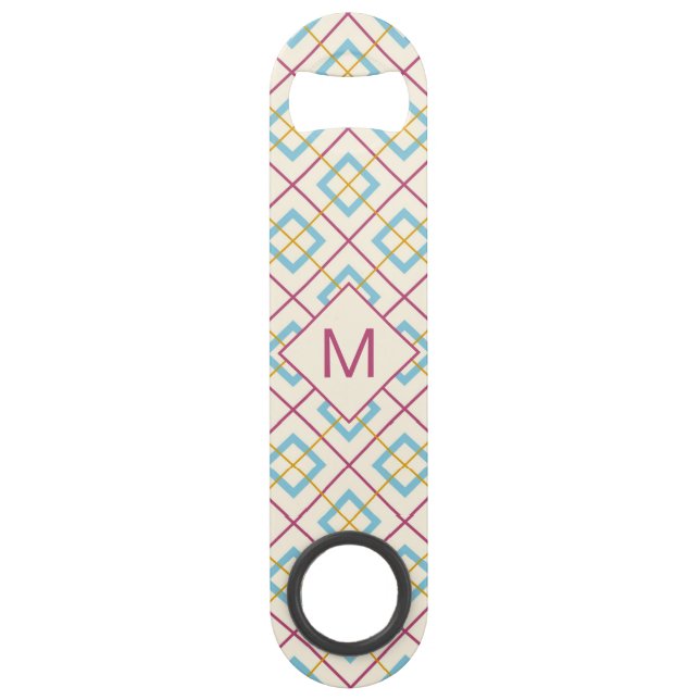 Geometric Pattern Pastel Pink and Blue Monogram Bar Key (Front)