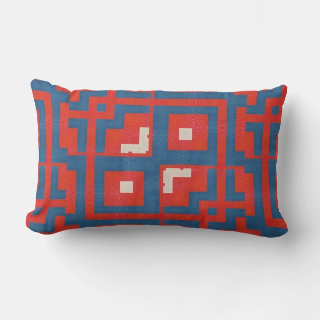 Geometric Pattern Red Shapes on Blue Background Lumbar Pillow (Front)