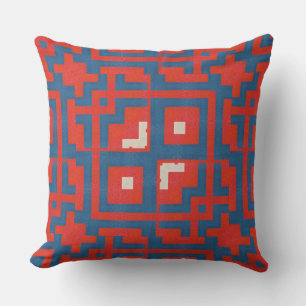Geometric Pattern Red Shapes on Blue Background  Throw Pillow