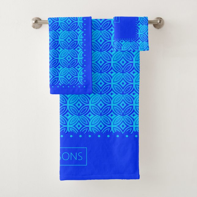 Geometric pattern, scalloped borders blue tones bath towel set (Insitu)