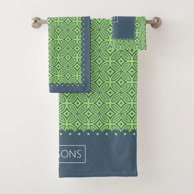 Geometric pattern, scalloped borders green bath towel set (Insitu)