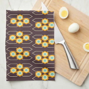 Geometric pattern with orange and blue hexagons kitchen towel