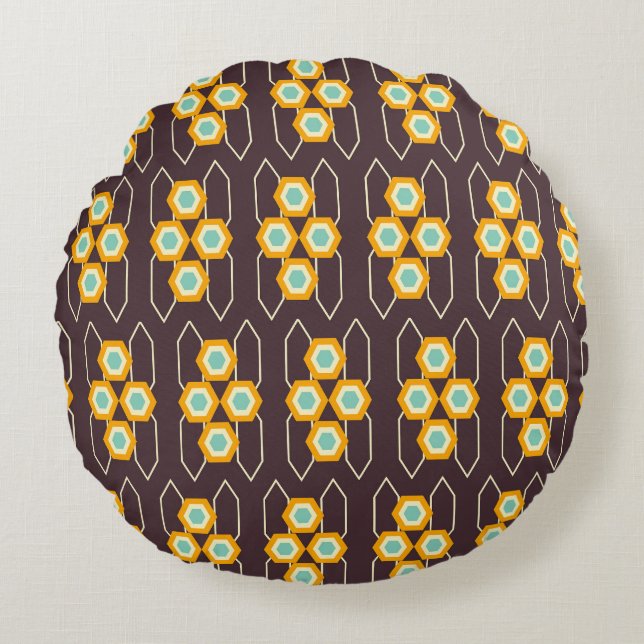 Geometric pattern with orange and blue hexagons round pillow (Front)