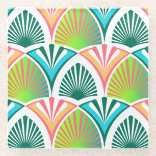 Geometric pattern with palm leaves and flowers glass coaster
