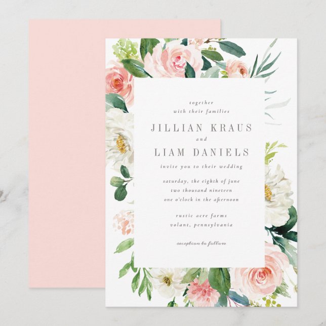 Geometric Peach and White Floral Wedding Invitation (Front/Back)