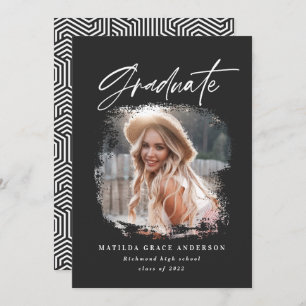 Geometric photo black and white script graduation announcement