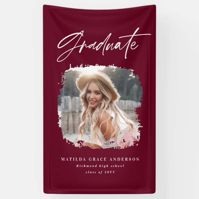Geometric photo burgundy graduation party banner (Vertical)
