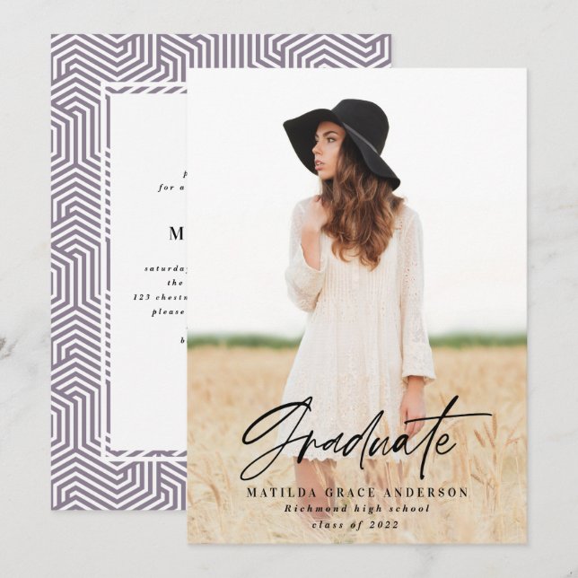 Geometric photo girly purple  grad party invite (Front/Back)