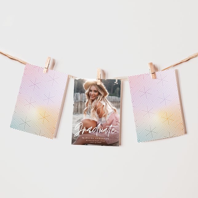Geometric photo pink pastel rainbow graduation announcement (Creator Uploaded)