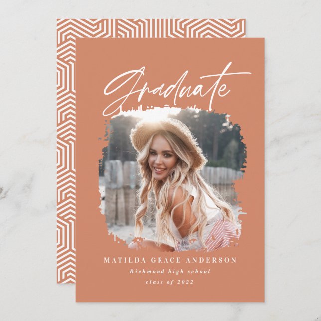 Geometric photo terracotta script graduation announcement (Front/Back)