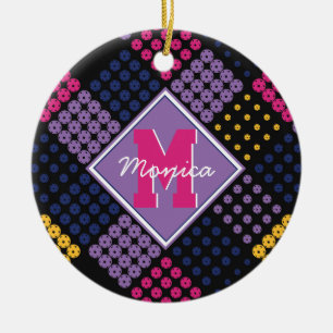 Geometric pickleball pattern, with name ceramic ornament