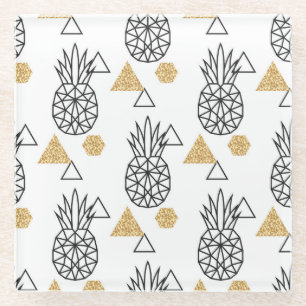 Geometric Pineapple Gold Dots Pattern. Glass Coaster