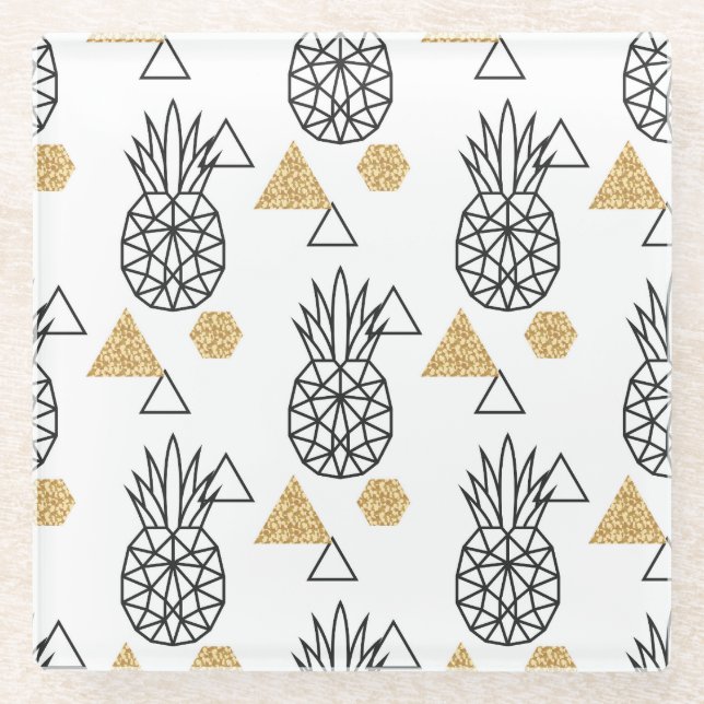 Geometric Pineapple Gold Dots Pattern. Glass Coaster (Front)