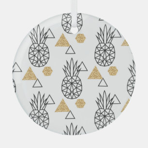 Geometric Pineapple Gold Dots Pattern. Glass Ornament