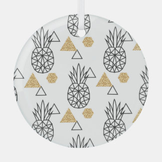 Geometric Pineapple Gold Dots Pattern. Glass Ornament